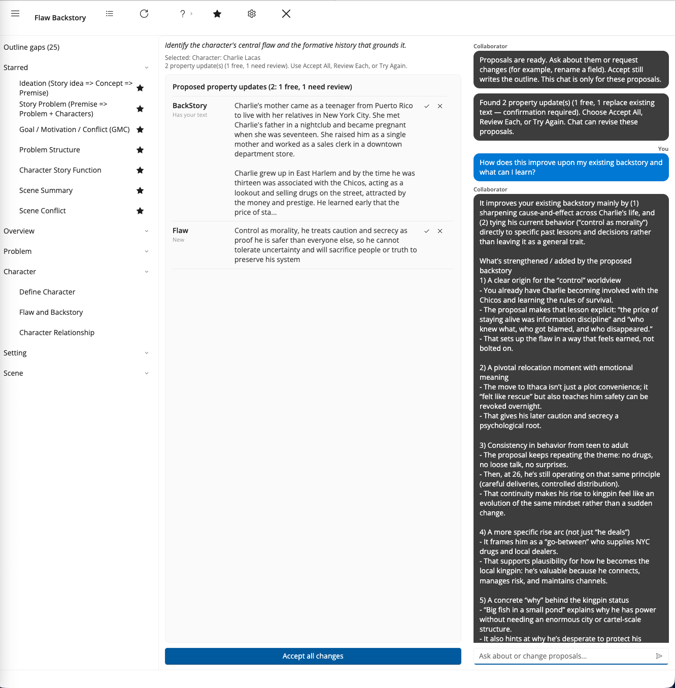 The chat column after a run: a typed question about the proposed backstory, and Collaborator's numbered answer explaining what the proposal strengthens
