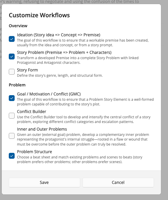 The Customize Workflows dialog, listing workflows by story element with a checkbox each