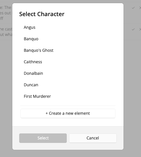The Select Character dialog, listing the outline's characters with an option to create a new element