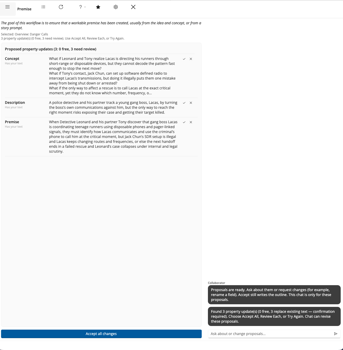 The same window with the workflow list hidden: the workflow purpose, Property Updates, and Accept all changes now run the full width of the window