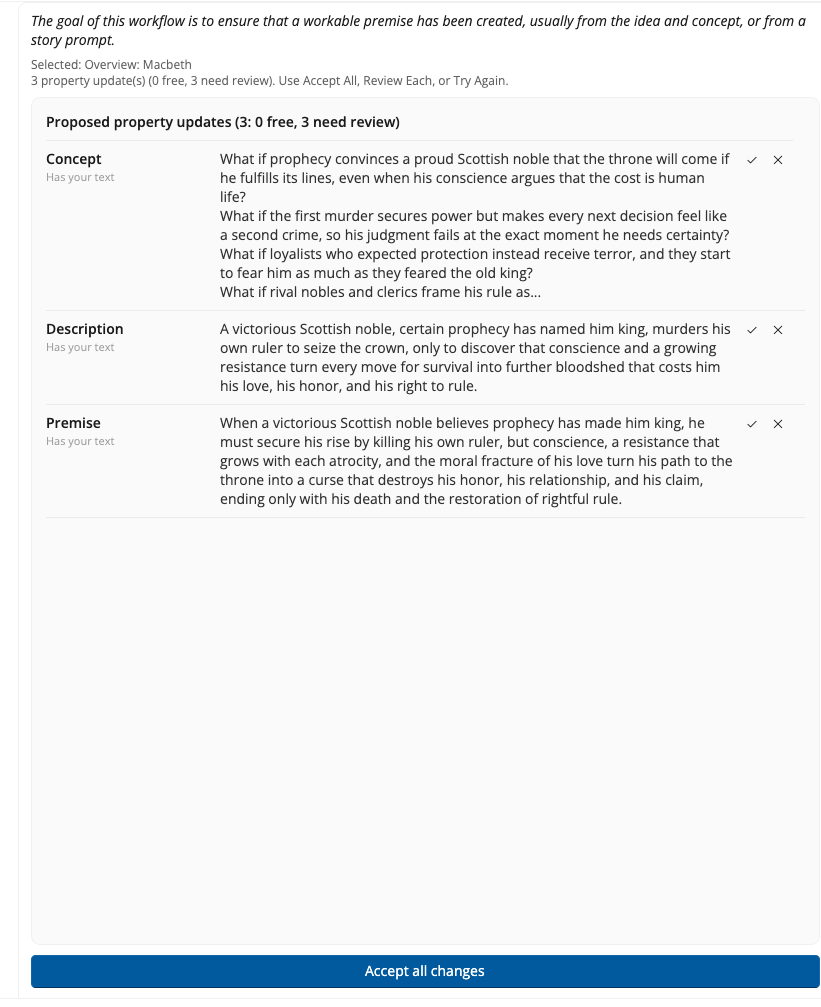 A Property Updates list headed 'Proposed property updates (3: 0 free, 3 need review)', each row showing a field name, its kind, and the proposed text