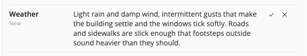 A single Property Updates row: the field name Weather, the label New beneath it, and the proposed text alongside