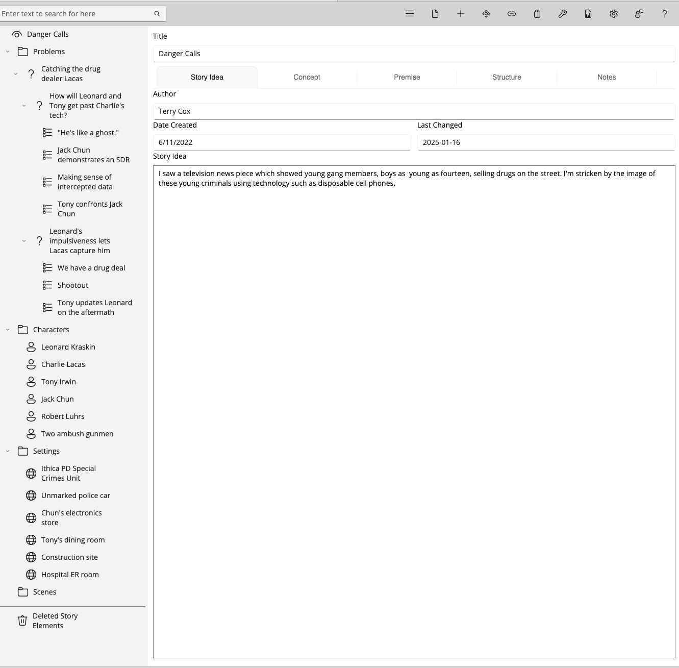 The Danger Calls outline open in StoryCAD, the Overview showing its Story Idea about teenagers selling drugs with disposable phones