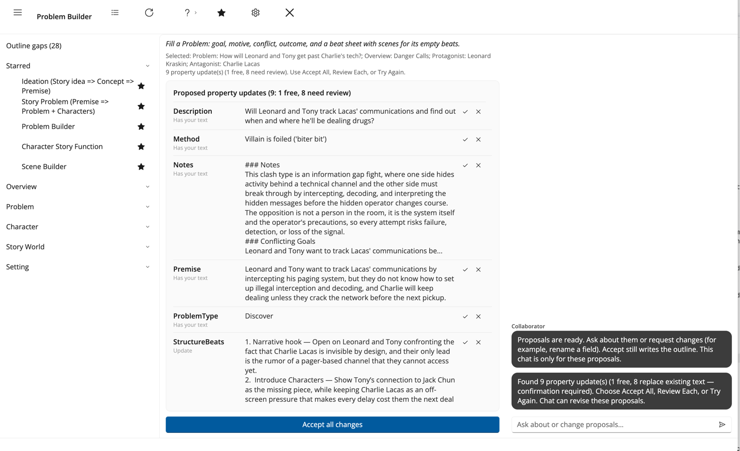 The Problem Builder run: nine proposals headed 9: 1 free, 8 need review, covering Description, Method, Notes, Premise, ProblemType and the StructureBeats beat sheet