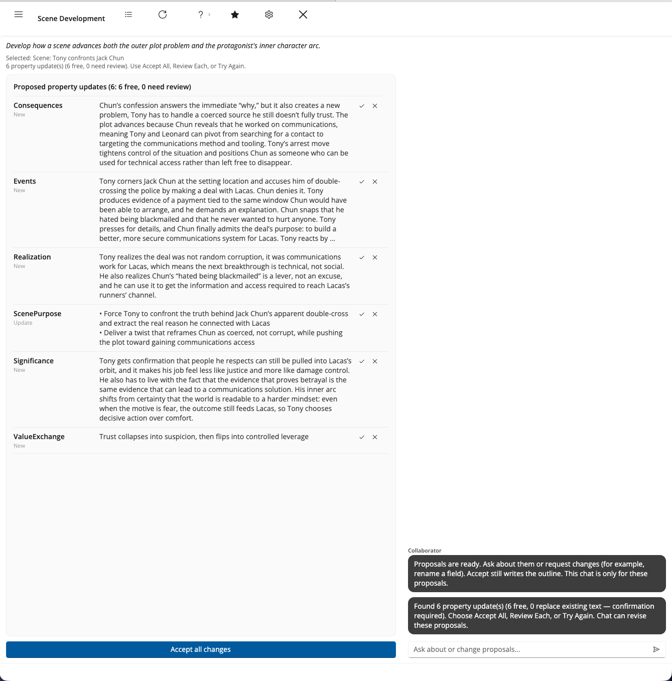 A finished run: six proposals headed 6: 6 free, 0 need review, five labeled New and one Update, with Accept all changes at the foot of the list