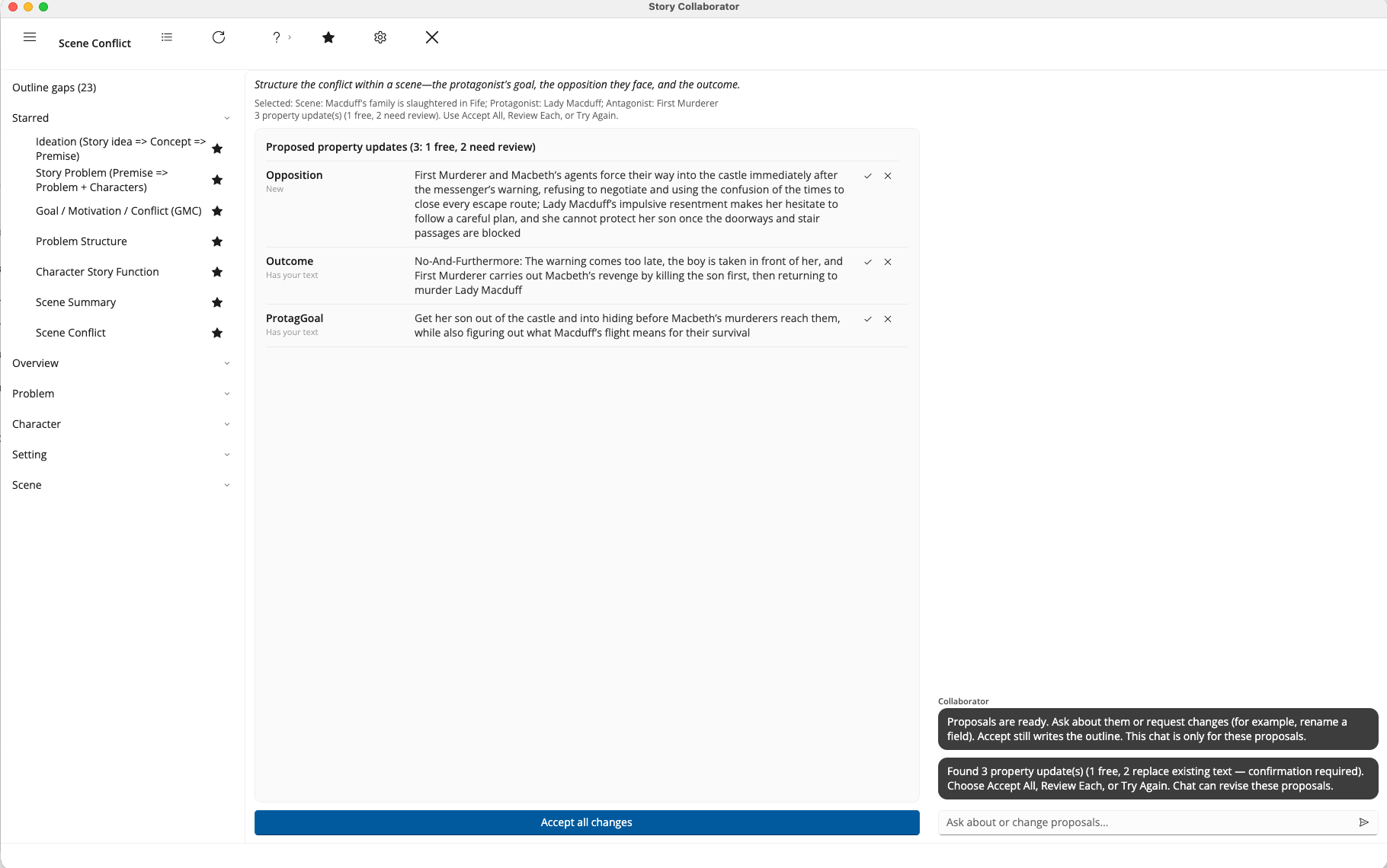 The Story Collaborator window: workflow list at left, workflow purpose and Property Updates in the center, chat at right