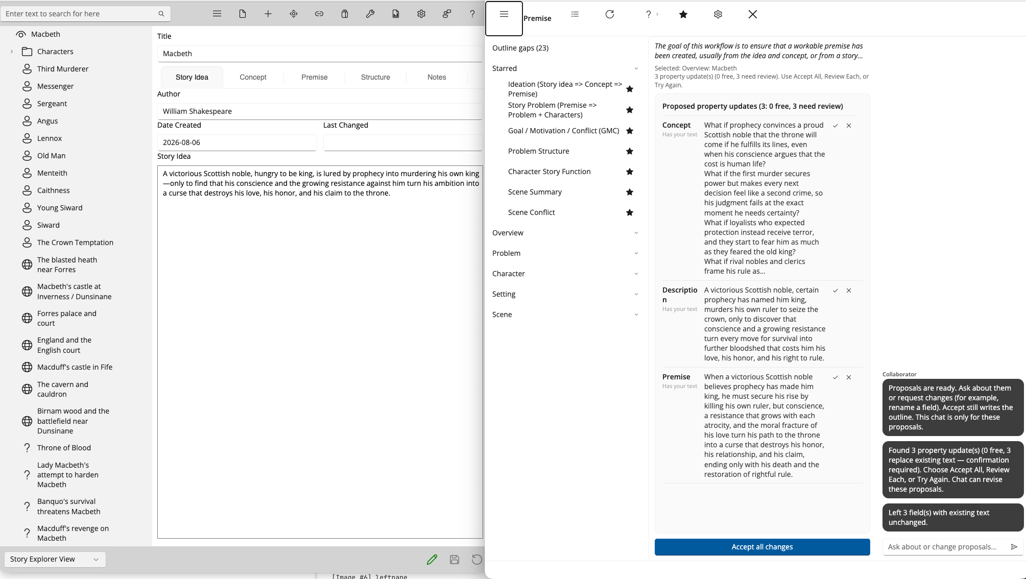 StoryCAD and the Story Collaborator window side by side, the outline visible in both