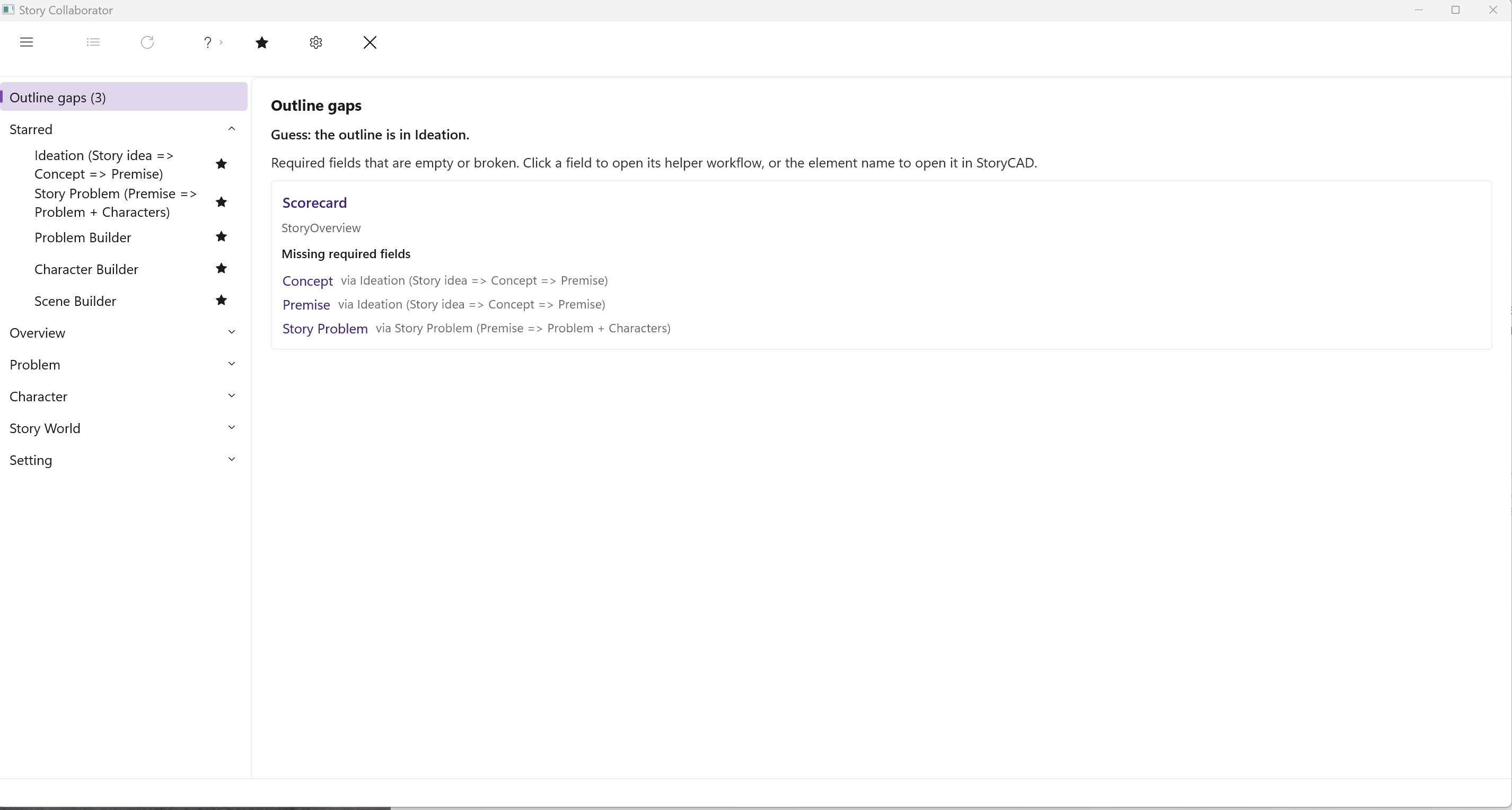 The Outline gaps page on a new outline, with the Guess sentence and the Overview's missing fields as links