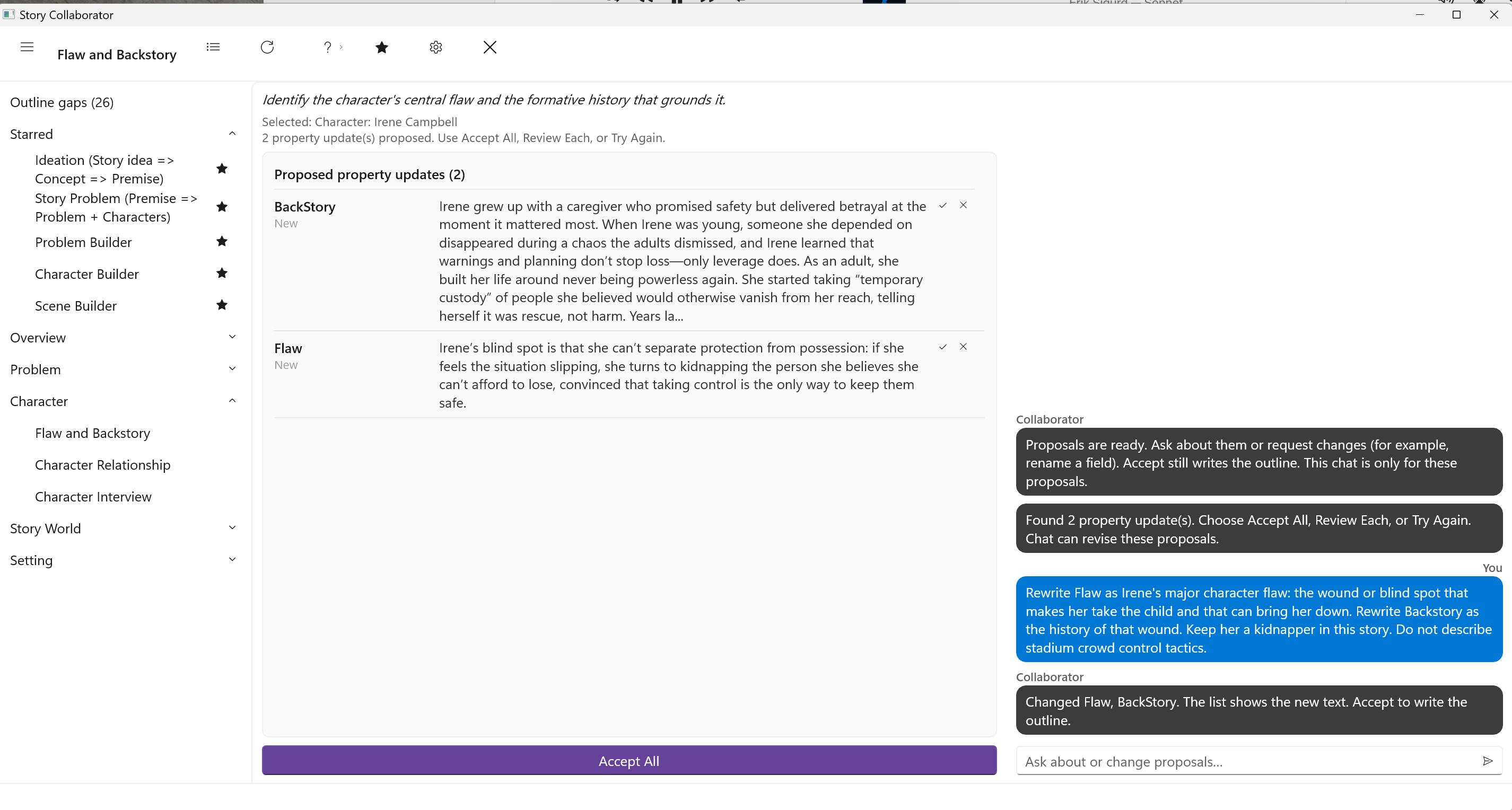Proposal chat and updated Flaw and Backstory rows on Irene Campbell: protection versus possession