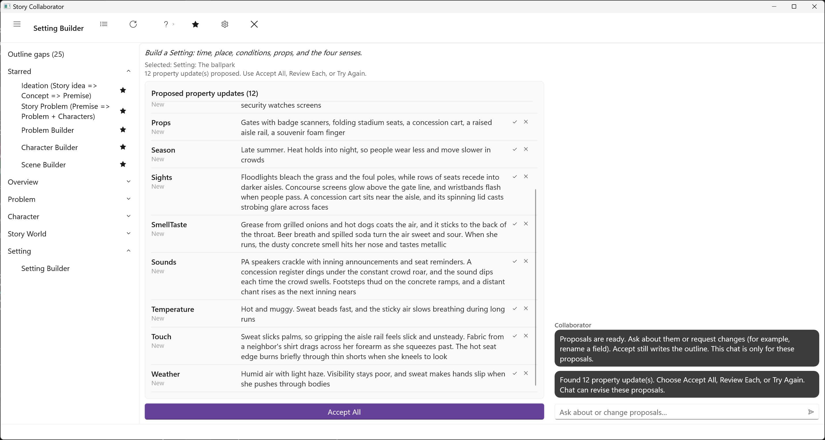 Property Updates after Setting Builder on The ballpark: Setting tab rows and the four senses